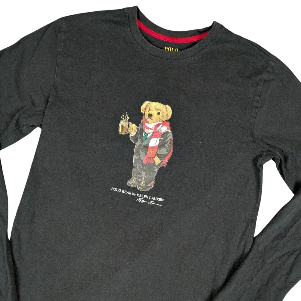 Polo Ralph Lauren Polo Bear Black Long Sleeve T-Shirt Mens Small Cotton Graphic
